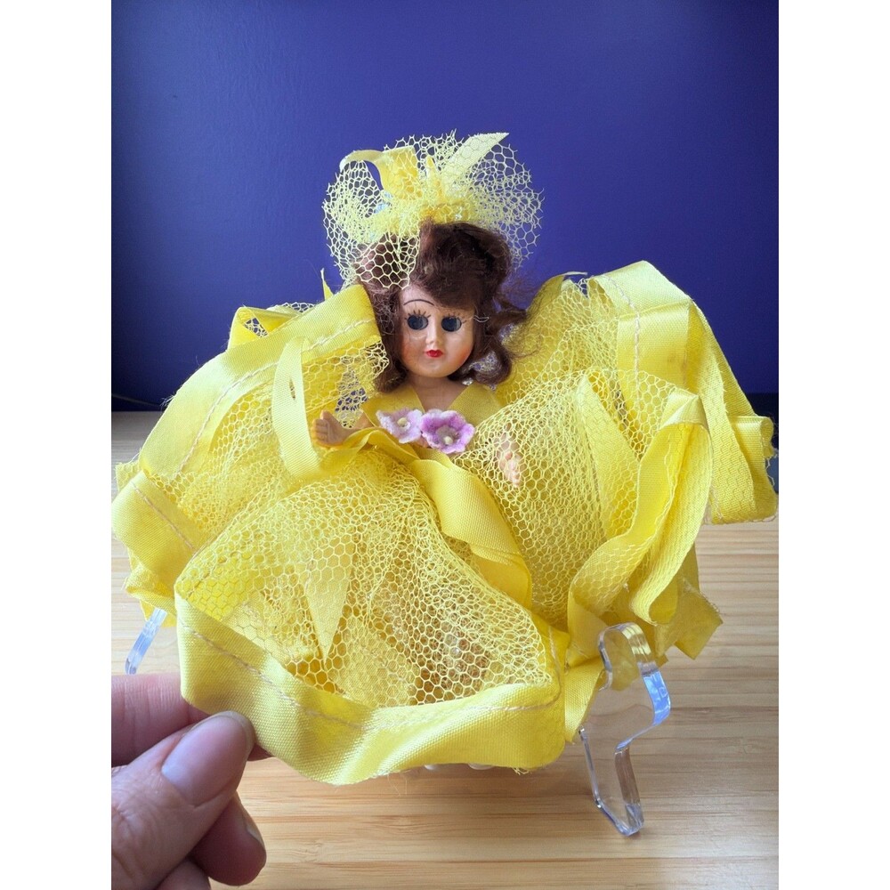 Vintage Sleep Eye Doll Yellow Tulle Dress Brunette Hard Plastic 6.5"‎